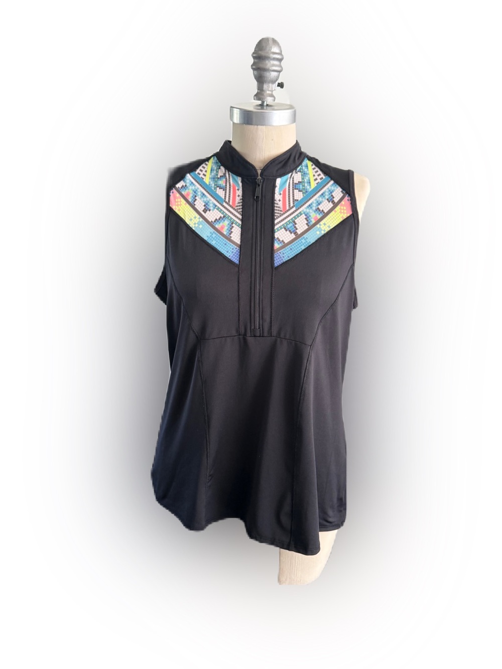 Lucky In Love Women’s Sleeveless Athletic Top Black with Colorful Tribal. Large